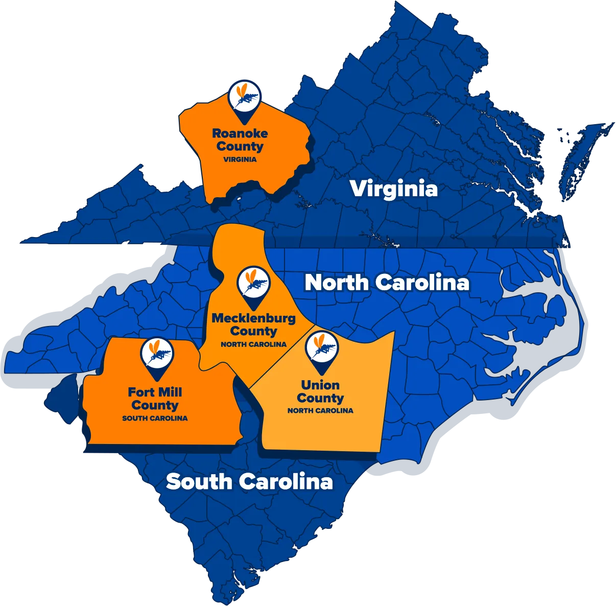 TruMosquito Service Area Map South Carolina, North Carolina, Virginia
