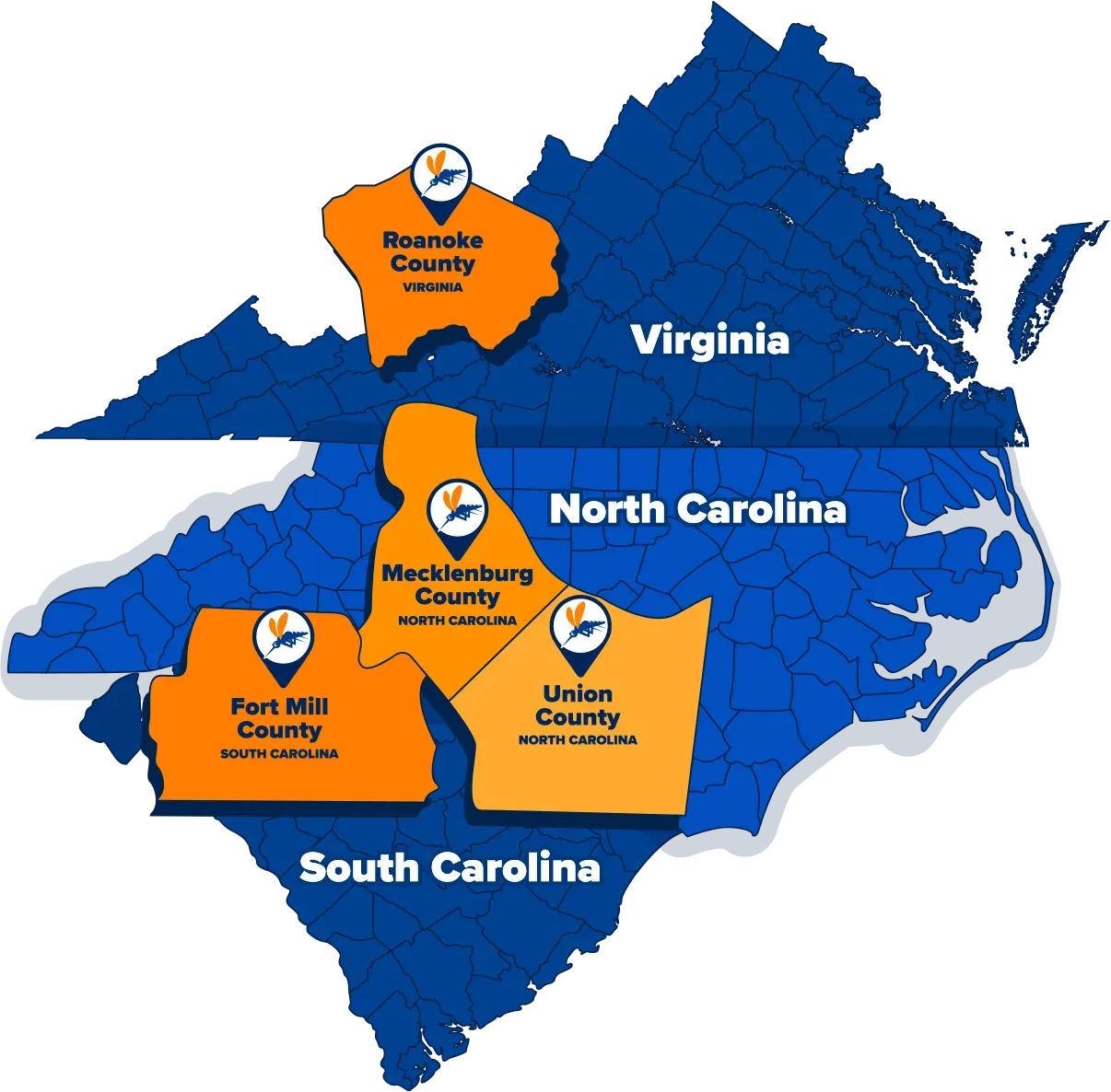 TruMosquito Service Area Map South Carolina, North Carolina, Virginia